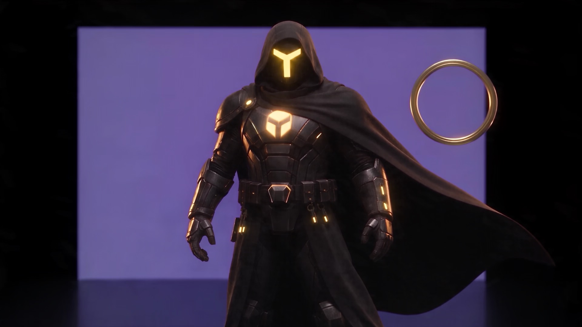 A hooded Sevii Cyber Warrior in a violet identity chamber beside a thin gold ring aperture