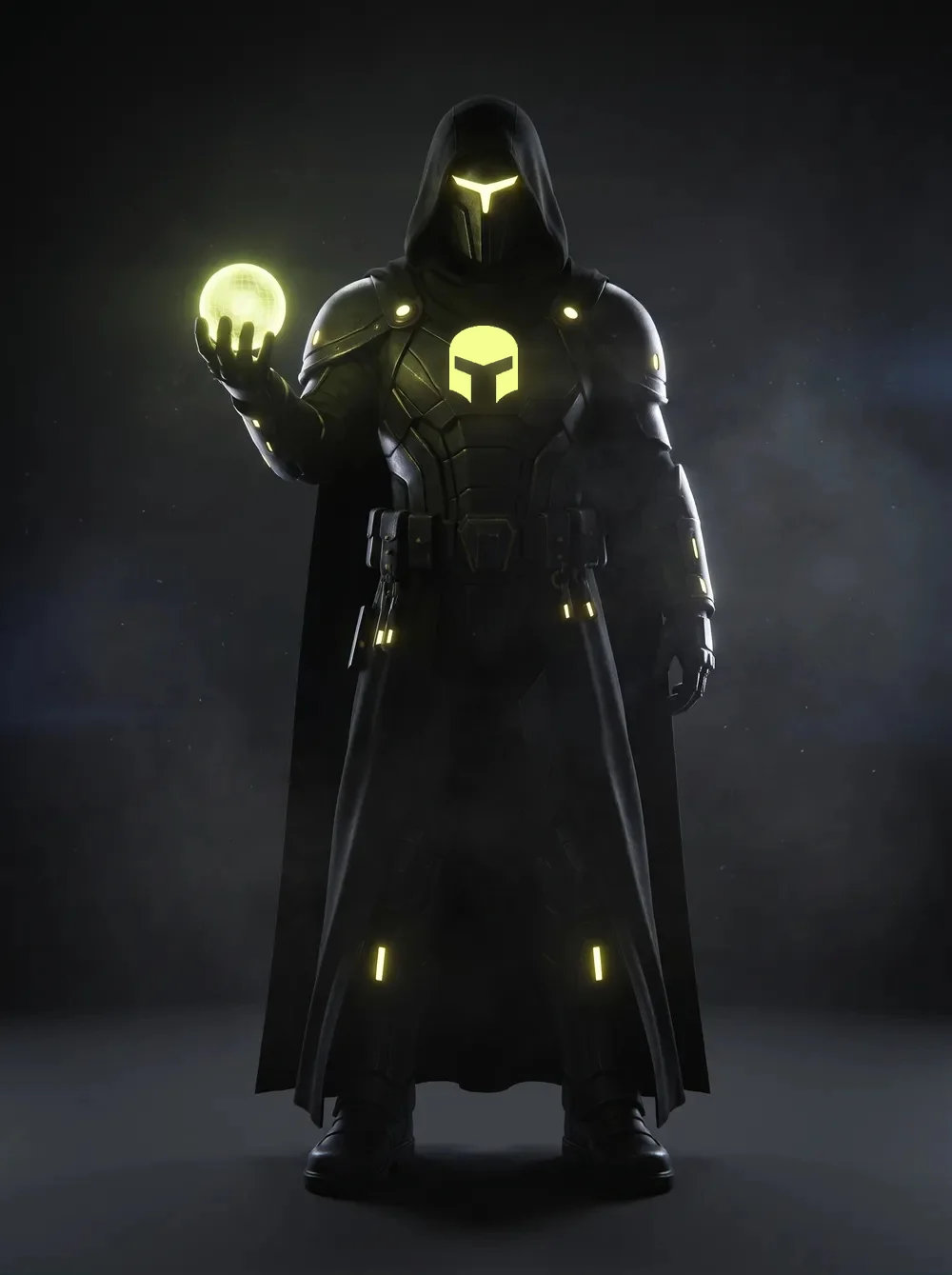 Oz, an armoured Sevii Cyber Warrior, standing in a dark mission bay