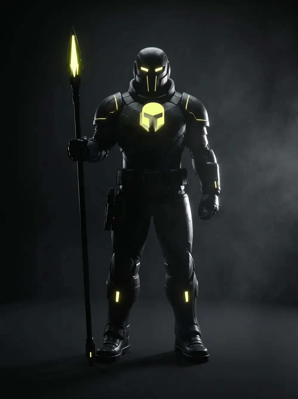Spike, an armoured Sevii Cyber Warrior, standing in a dark mission bay