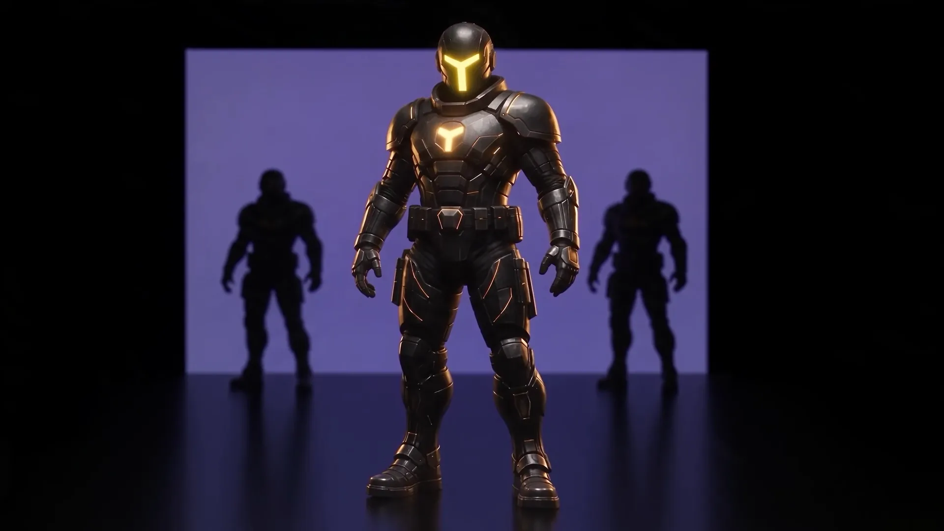 A Sevii Cyber Warrior standing in front of a violet plane, two warriors in silhouette behind